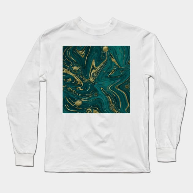 Gold Faux Glitter & Teal Green Marble Abstract Art Long Sleeve T-Shirt by karenmcfarland13